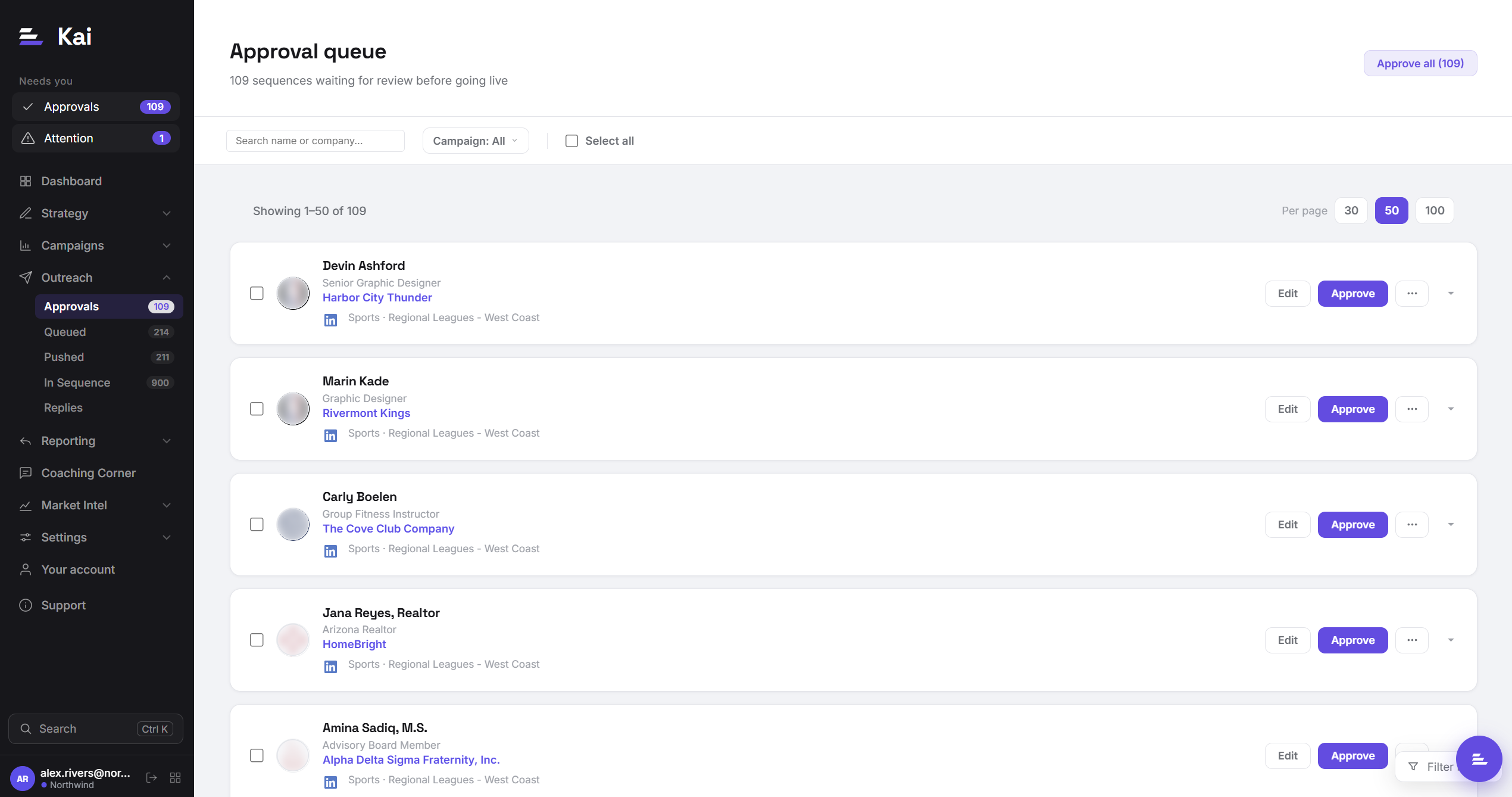 The Kai approval queue, showing twelve contacts waiting for review, each with Edit and Approve buttons.