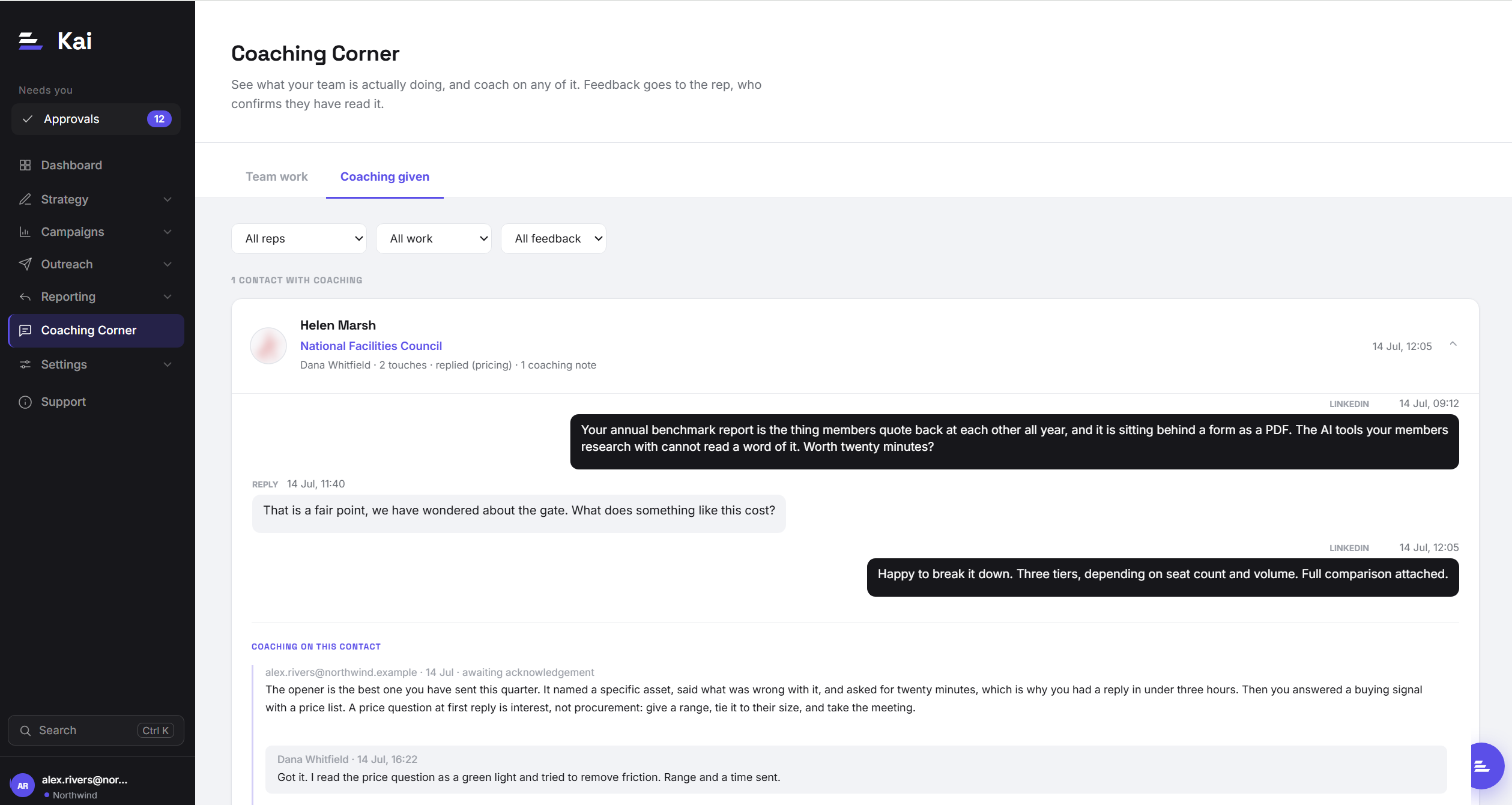 The Coaching Corner page, showing the Coaching given tab with a contact thread and a coaching note attached to it.