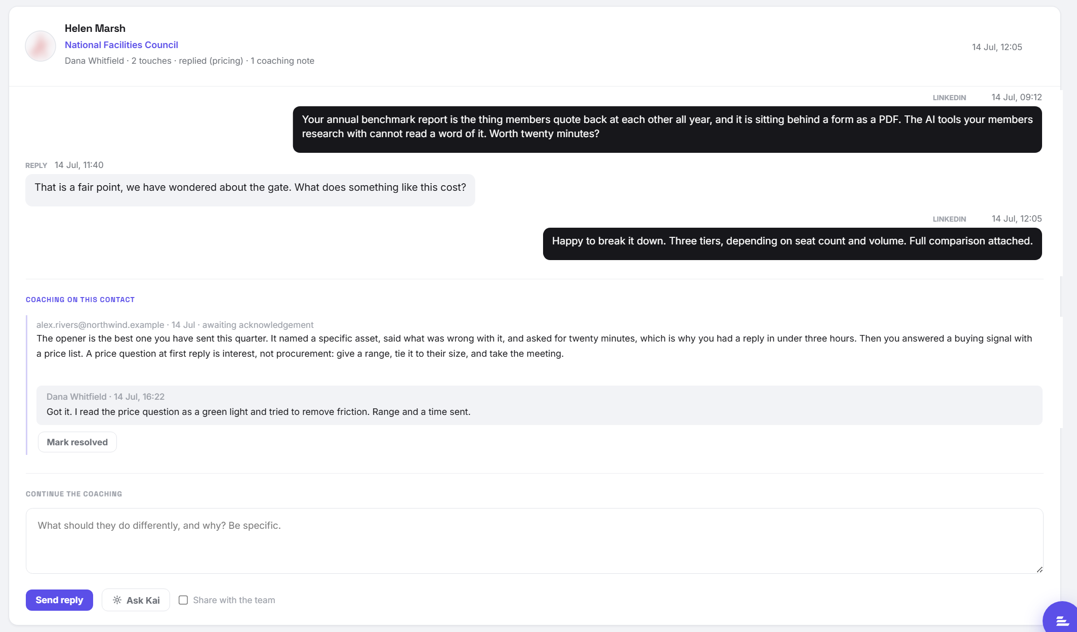 A coaching thread: the messages sent, the prospect's reply, a coaching note awaiting acknowledgement, the rep's response, and the reply box with Send reply, Ask Kai and Share with the team.