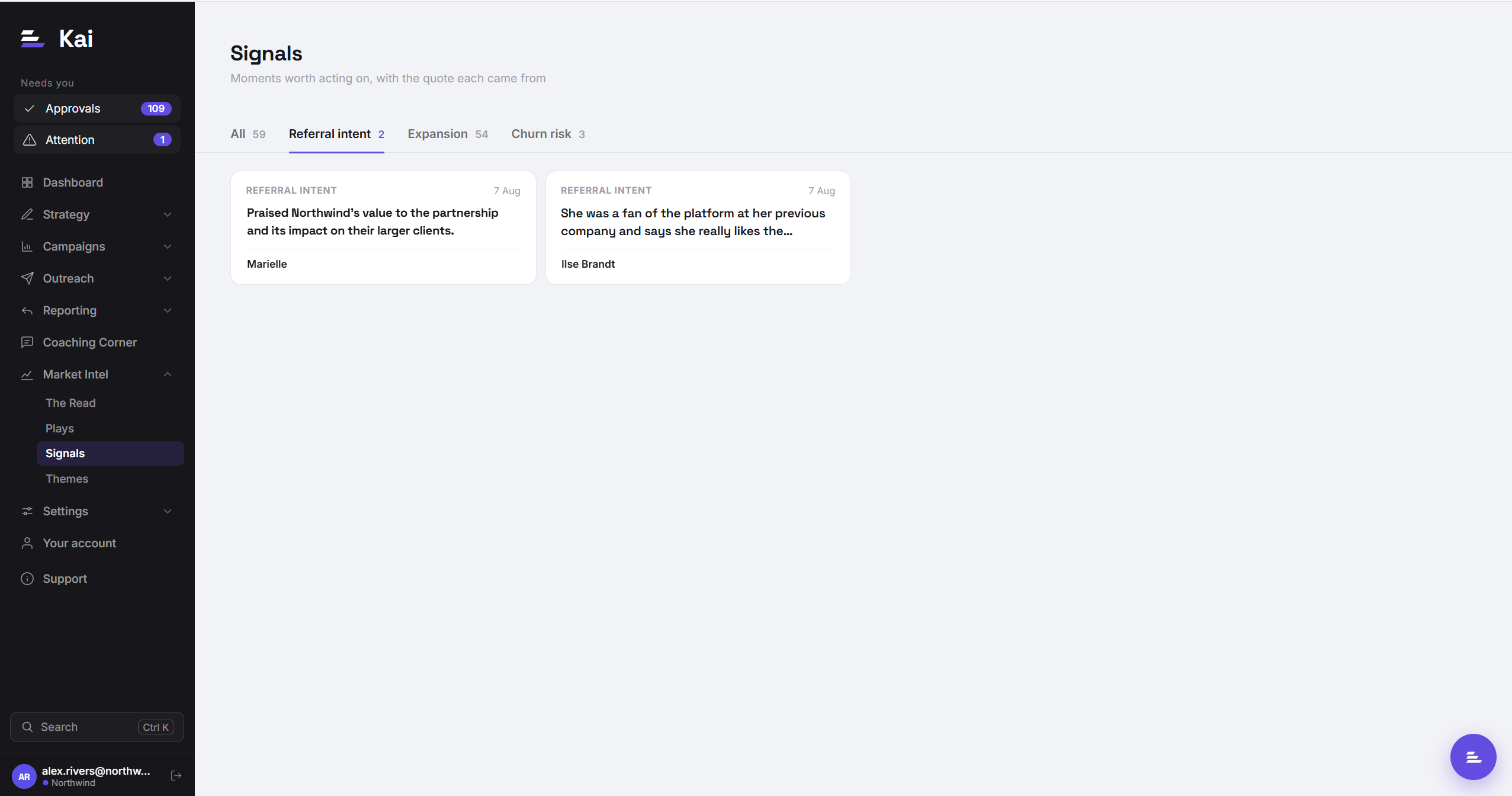 The Signals view, listing referral, expansion and churn-risk signals detected across recent calls, each with the quote it came from.
