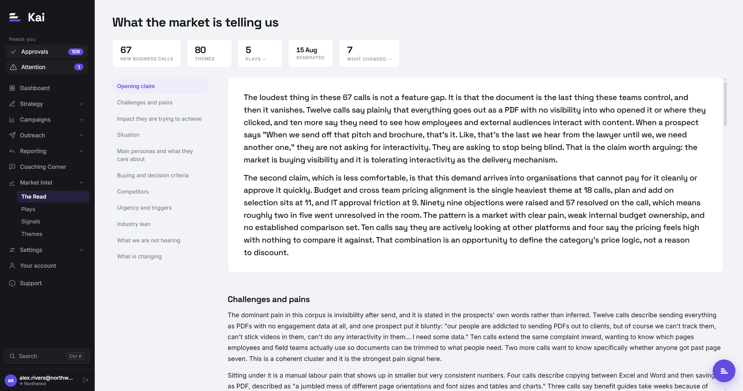 Market Intel's The Read view, showing Kai's written point of view on what prospects are saying, with a section list down the left.