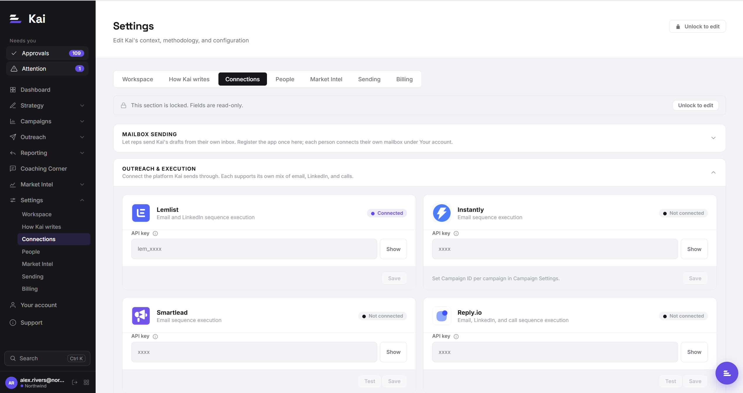 The Connections tab in Kai settings, showing connected outreach, CRM and AI providers with their status.