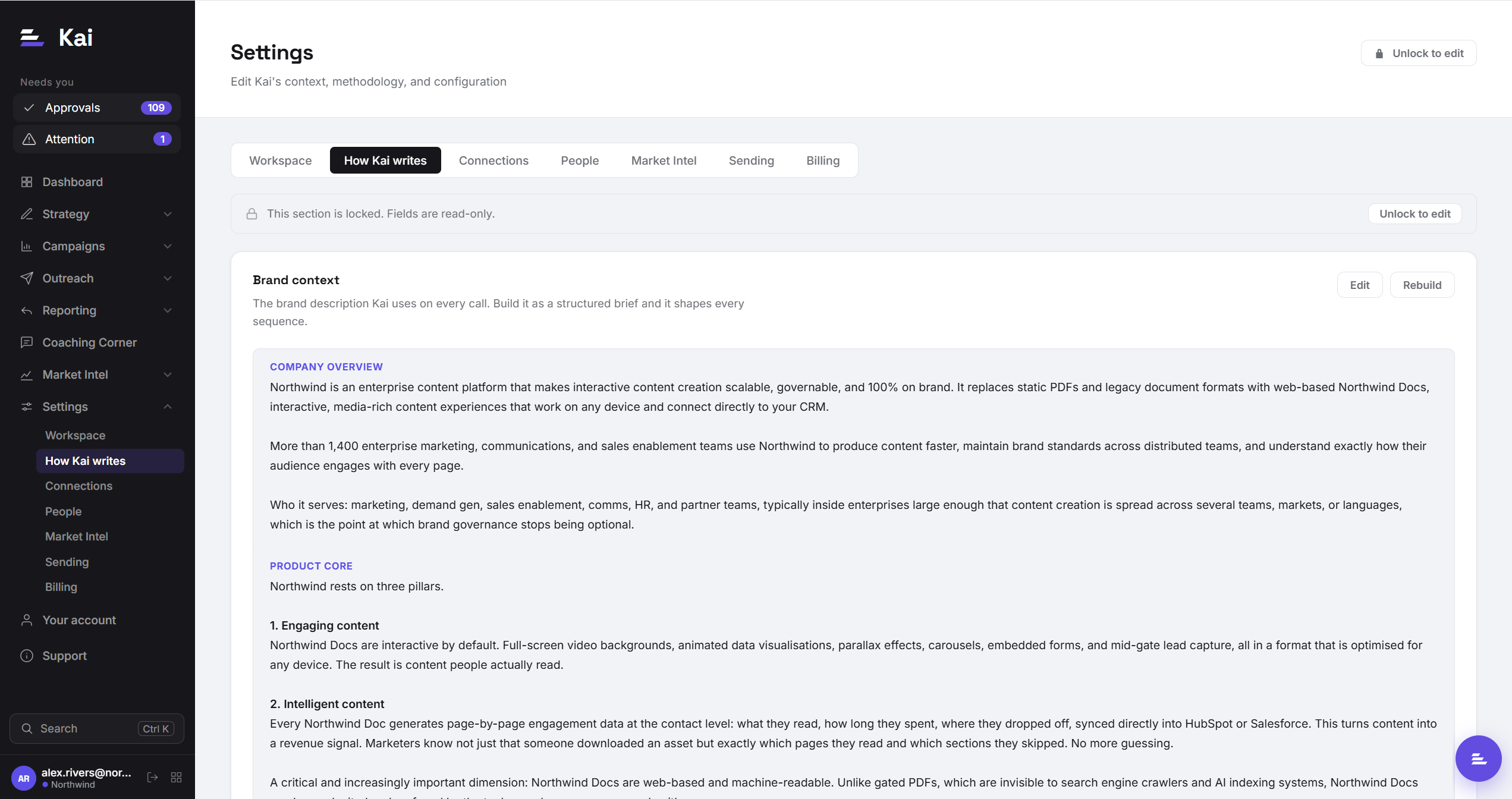 The How Kai writes settings tab, showing the workspace operating instructions Kai follows when generating copy.